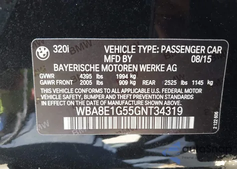 2016 BMW 320I from USA, damaged, VIN WBA8E1G55GNT34319